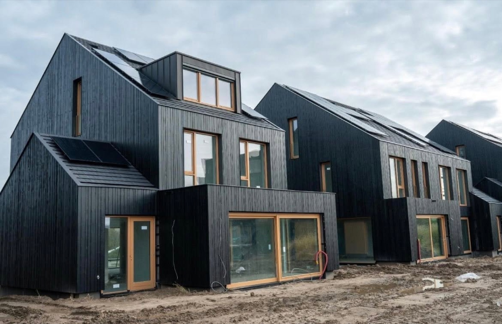 Bungalows met zwarte vuren gevelbekleding bij project Stelt